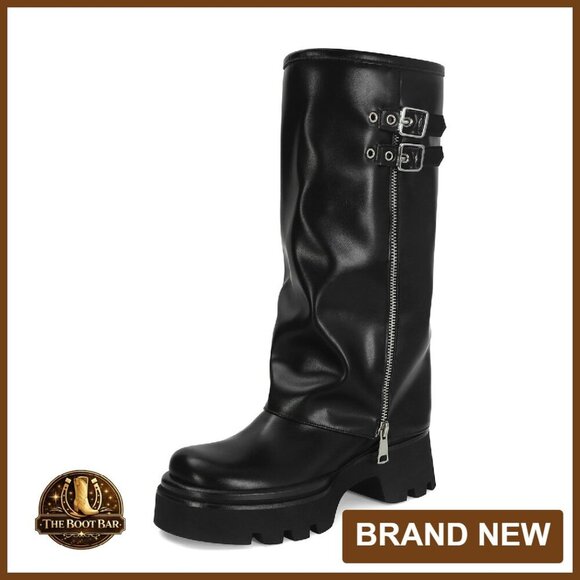 Shoes - Platform Slouchy Boots Wide Calf Fold Over Ruched Round Toe Riding